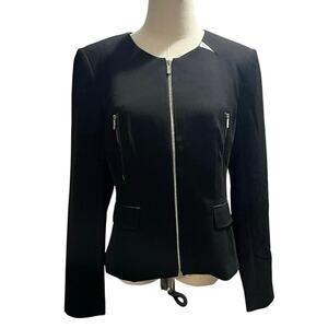 Calvin‎ Klein Collarless Faux Leather Full Silver Zip Black Short Blazer Sz 10